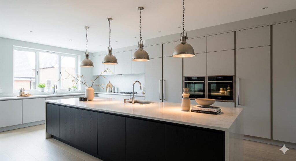 अगर आपके किचन में आइलैंड काउंटर है, तो उसके ऊपर पेंडेंट लाइट्स लगाना एक शानदार विचार है। ये लाइट्स फोकस्ड रोशनी देती हैं और आइलैंड को एक डाइनिंग स्पेस या ब्रेकफास्ट काउंटर जैसा लुक देती हैं। पेंडेंट लाइट्स के कई डिजाइन और रंग बाजार में उपलब्ध हैं, जिससे आप इन्हें अपने किचन के थीम और कलर स्कीम के हिसाब से चुन सकते हैं। 