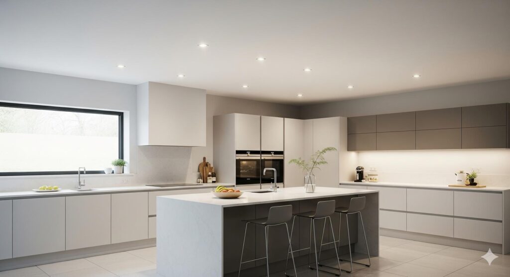 अगर आपके किचन में आइलैंड काउंटर है, तो उसके ऊपर पेंडेंट लाइट्स लगाना एक शानदार विचार है। ये लाइट्स फोकस्ड रोशनी देती हैं और आइलैंड को एक डाइनिंग स्पेस या ब्रेकफास्ट काउंटर जैसा लुक देती हैं। पेंडेंट लाइट्स के कई डिजाइन और रंग बाजार में उपलब्ध हैं, जिससे आप इन्हें अपने किचन के थीम और कलर स्कीम के हिसाब से चुन सकते हैं।