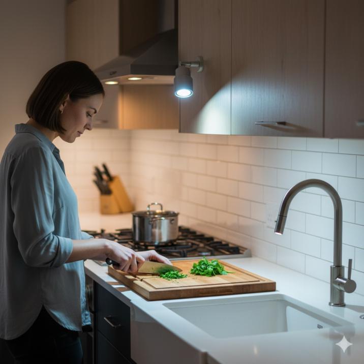 टास्क लाइटिंग का मतलब है कि जहां आप ज्यादा काम करते हैं वहां सीधी और तेज रोशनी देना। जैसे सिंक, चूल्हा या कटिंग बोर्ड के ऊपर। इसके लिए छोटे स्पॉटलाइट या एडजस्टेबल LED लाइट्स का इस्तेमाल किया जा सकता है। इससे आप बिना आंखें मिचमिचाए आसानी से खाना बना सकते हैं और गलती की संभावना भी कम होती है। 